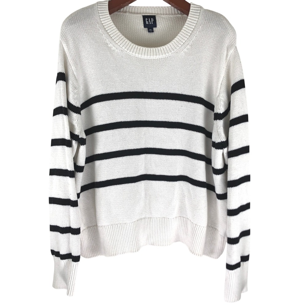 Gap Womens XXL White Black Striped Knit Crew Neck Sweater Long Sleeve Hamptons